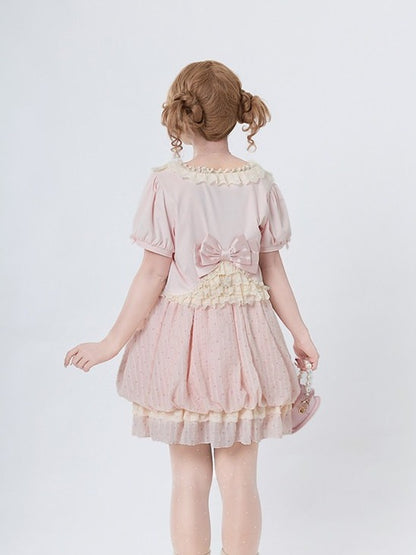 Pink Bow Polka Dot Sleeveless Bubble Dress with Lace - Tan Tuan