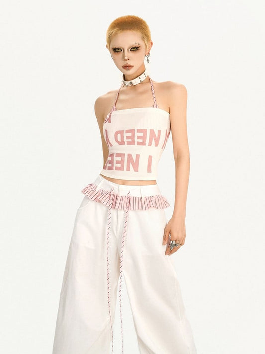 Lettered Trendy Two-Piece Set: White  Crop Tube Top  Black-Pink Striped Padded Pink Halter Bra