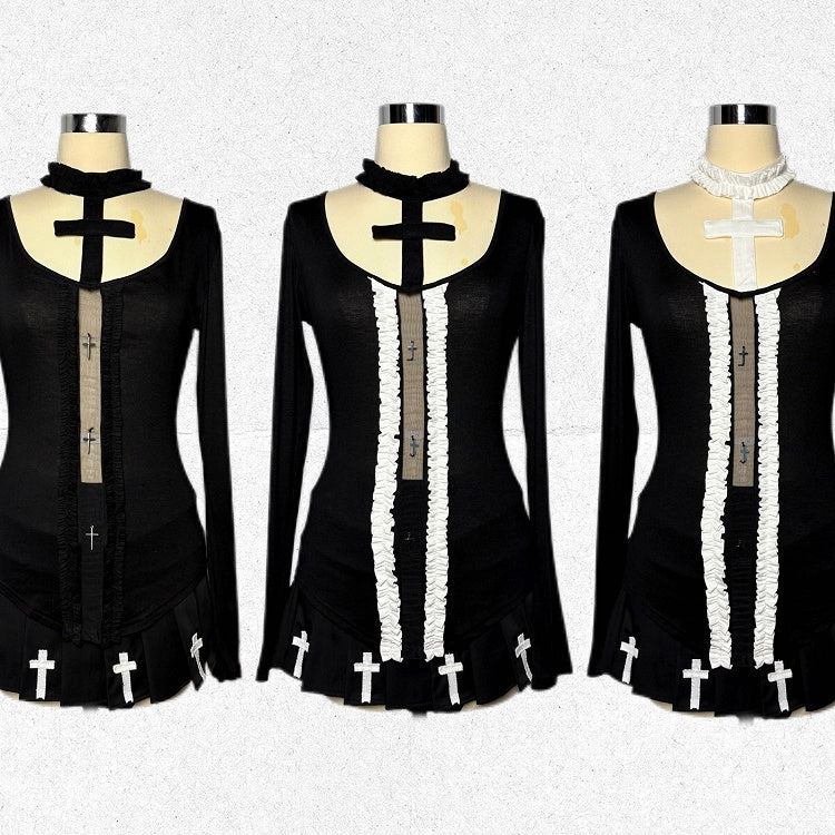 Black/White Choker Ruffled Design Gothic Cross with