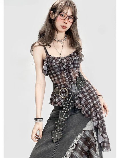 Asymmetrical Top Plaid Bittersweet Hem Cami Pattern Glamorous Brown