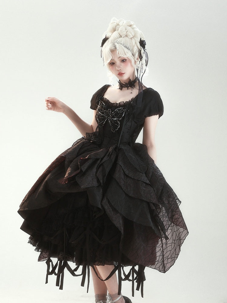 Butterfly Motif Puff Sleeve Lolita Top and Asymmetrical Hem Skirt Set in Black - Sweet Wood Lolita
