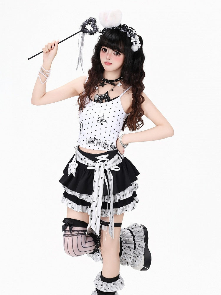 Sweet Edgy Kawaii White & Black Tiered Skirt with Star Print and Waist Tie + Matching Leg Warmers Set - CRAZY GIRL