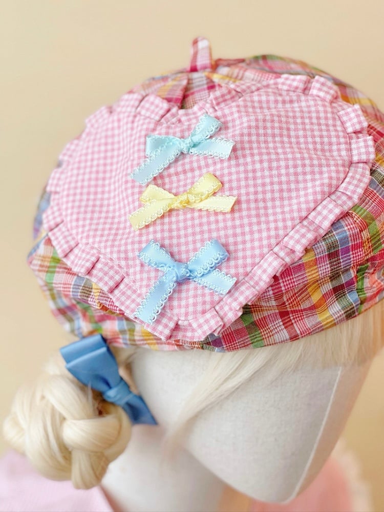Beret Colorful Plaid and with Bow Accents Heart