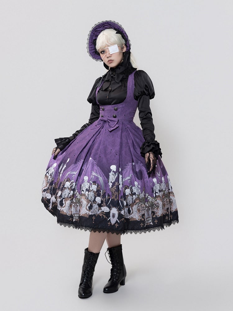 Purple Skeleton Cross Print Under Bust Gothic Lolita Dress with Black Lace Trim - NnSTAR