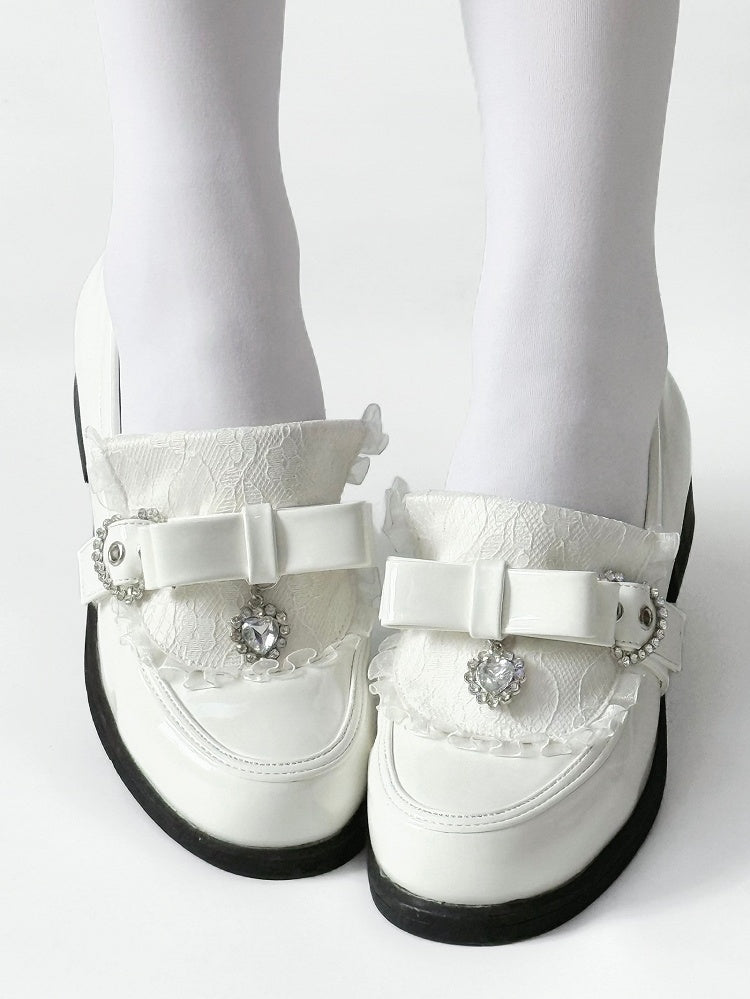 Details Polished Accent White Rhinestone Bow Low-heel PU Heart