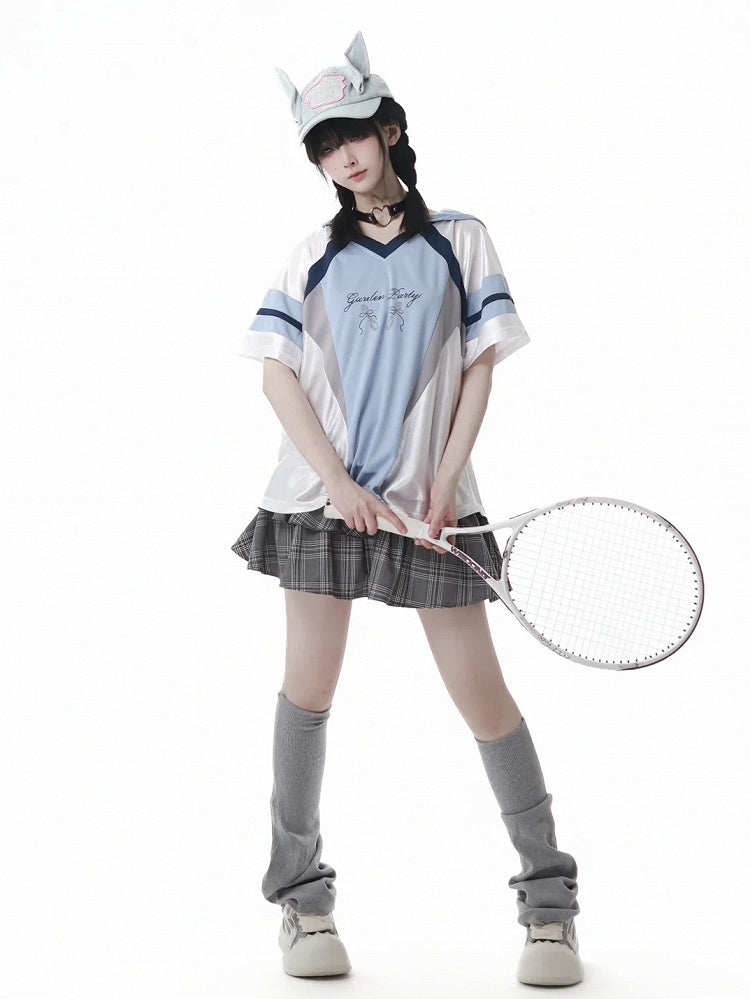 Blue Colorblock Design V-neck Blokette Core Hooded T-shirt