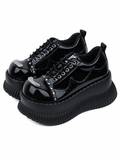 Plate Accents Details Black Stud Punk Design - Metal Lace-Up Platforms with