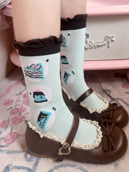 Mint Print Jelly Cake Chocolate Lolita Calf Socks Green