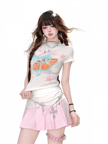Neck Graphic T-Shirt Pink/White Crew Glamorous Cropped