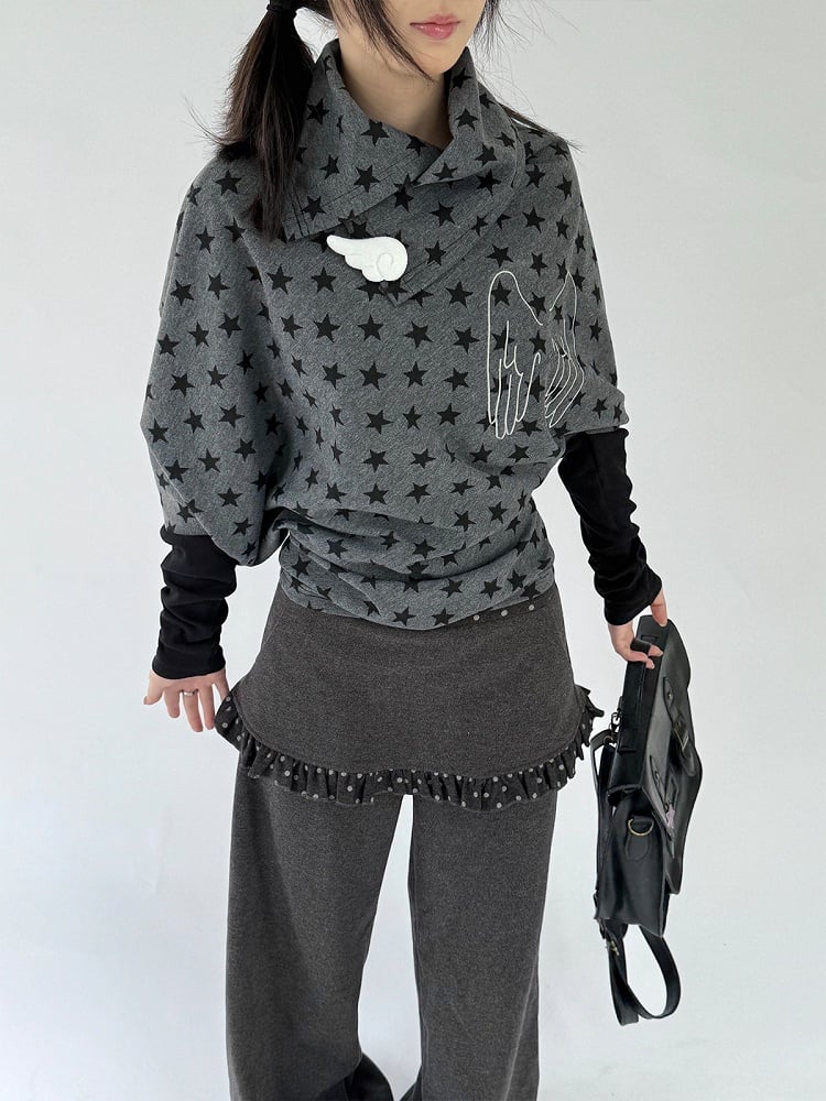 Blouse Star Angel Long Pattern with Wing Asymmetrical Gray Dark Sleeve Accents