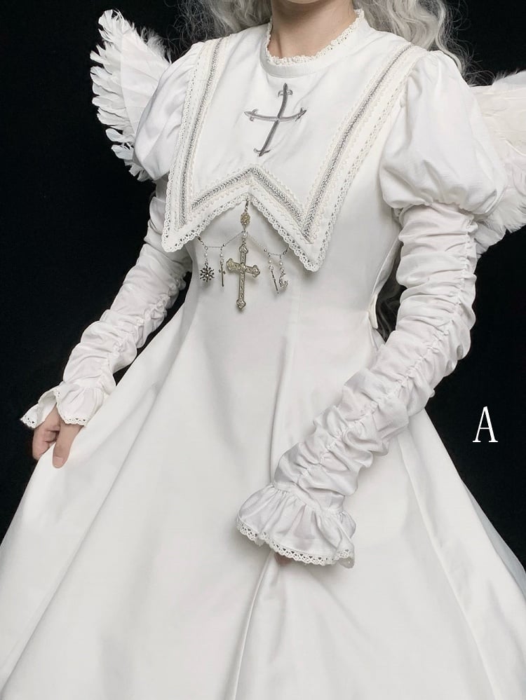 Halloween Cross Sleeves Juliette Embroidery White Leg-of-Mutton Dress / Outfits Nun Lolita