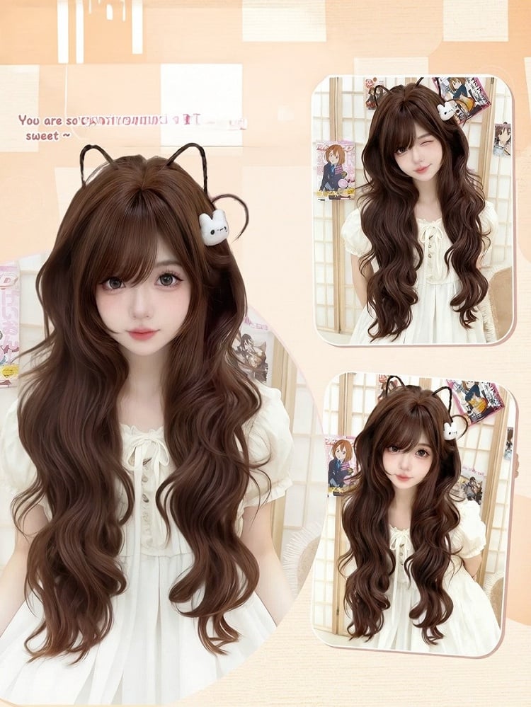 Chocolate Brown Wavy Wig with Side-Swept Bangs - Meow Island Wig