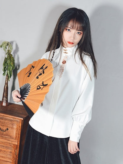 Shirt Gothic Cheongsam with Embroidery Metal Clasp White Floral