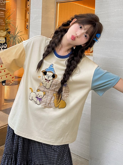 カラーブロックデザイン パピー刺繍Tシャツ オレンジブルー