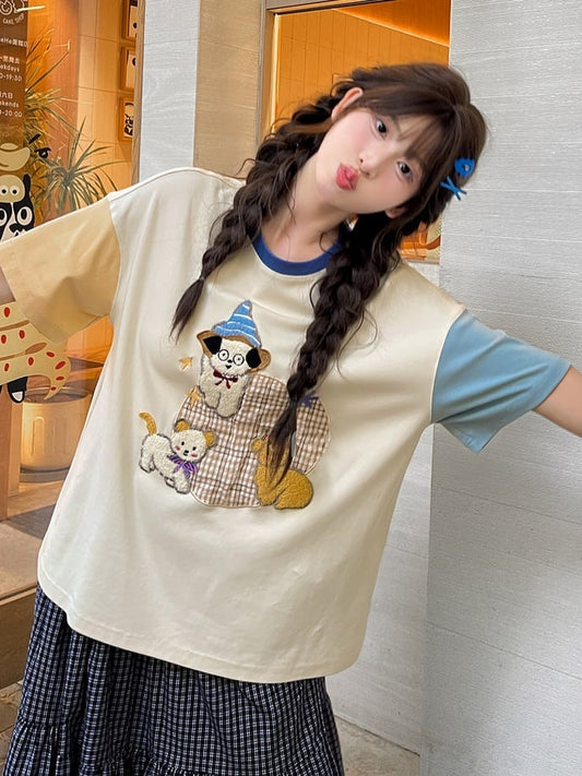 カラーブロックデザイン パピー刺繍Tシャツ オレンジブルー