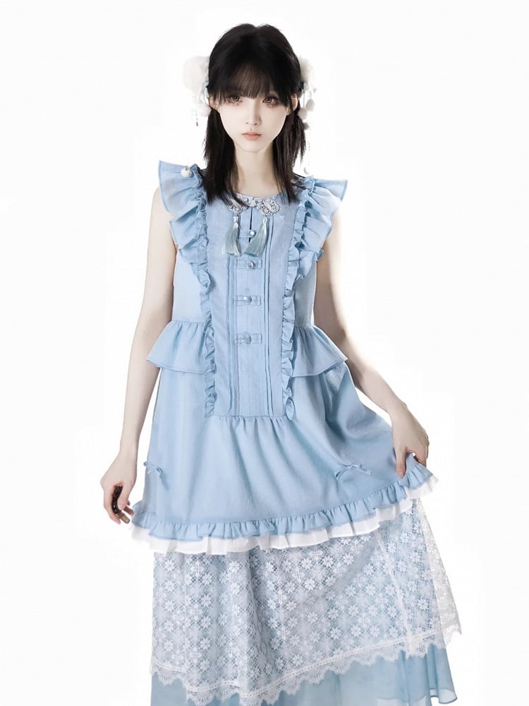 Rococo Back Buttons Style Blue Flutter Sleeves Big Sleeveless Dress Knot Cheongsam Details Tassel Bow