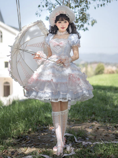 Short Sweet Lolita Princess and Details Bows Pink Blue Striped Dress Bead Sleeves