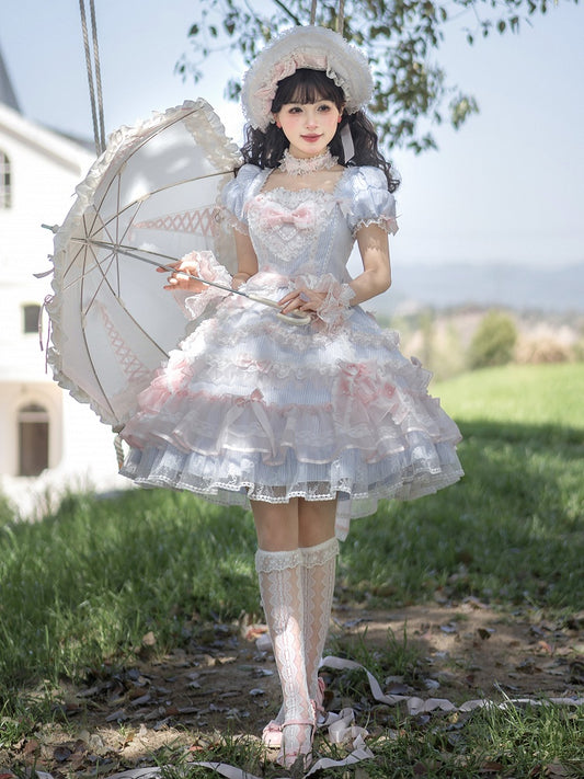 Kurzes süßes Lolita-Prinzessinnenkleid mit Schleifen und rosa-blauen Streifen und Perlenärmeln