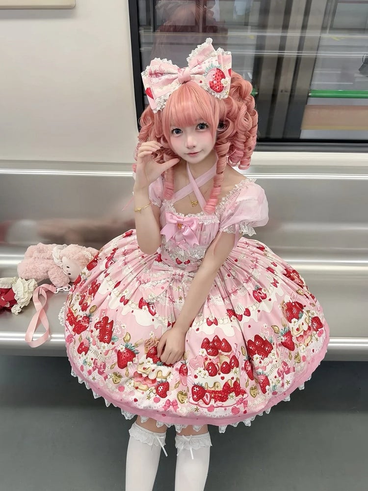 Rosa Printkleid Lolita Cake Kurze Ärmel Süße Erdbeere