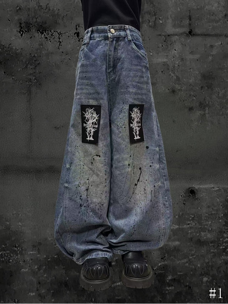 Splatter with Punk and Faded Appliques Blue Random Wide-Leg Jeans Wash Embroidered