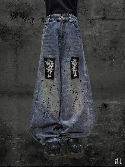 Splatter with Punk and Faded Appliques Blue Random Wide-Leg Jeans Wash Embroidered