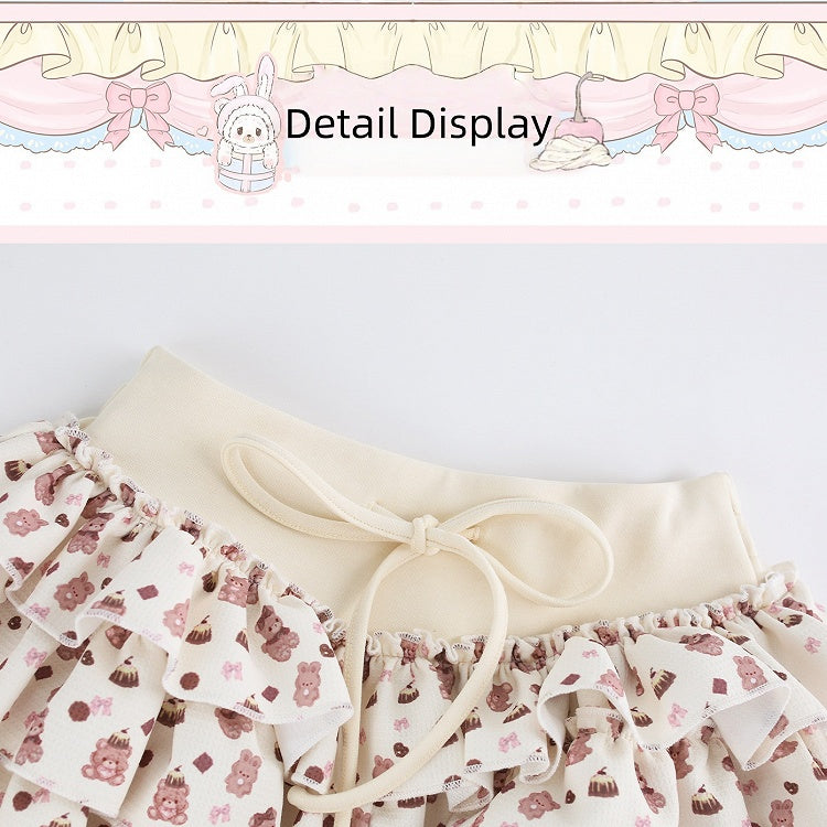 Beige Bear Print Tiered Skirt Built-In Shorts - serendipity