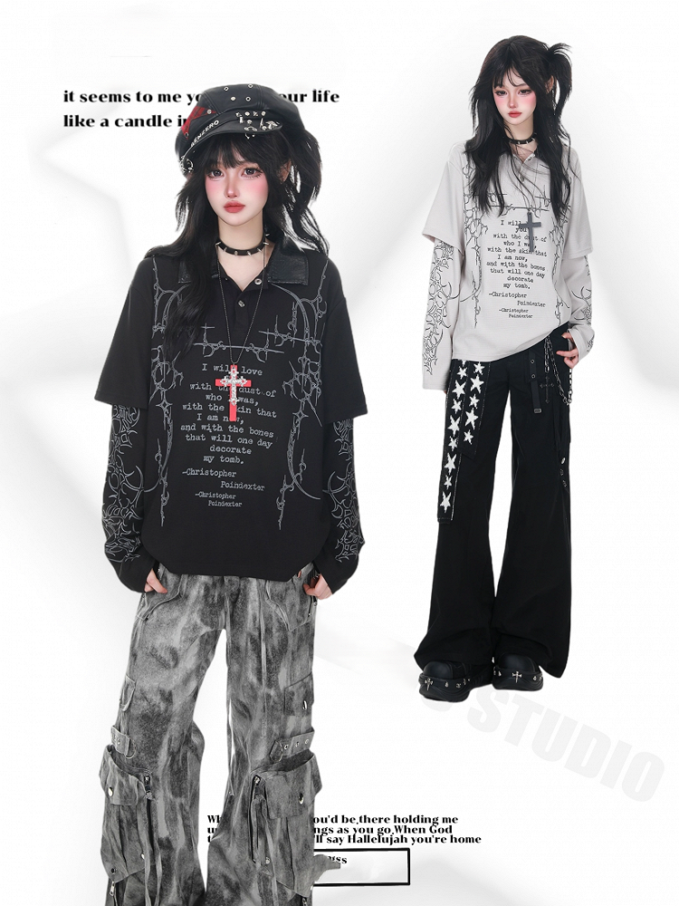 Graphic Long Sleeve Print Faux Two-Piece Gray/Black Punk with Top Gothic