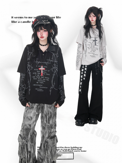 Graphic Long Sleeve Print Faux Two-Piece Gray/Black Punk with Top Gothic