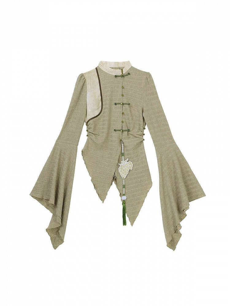 Asymmetrical Hem Green Long-Sleeved Top in Modern Chinese Style - Han Ru Chu Hanfu &amp; Han-Element Studi