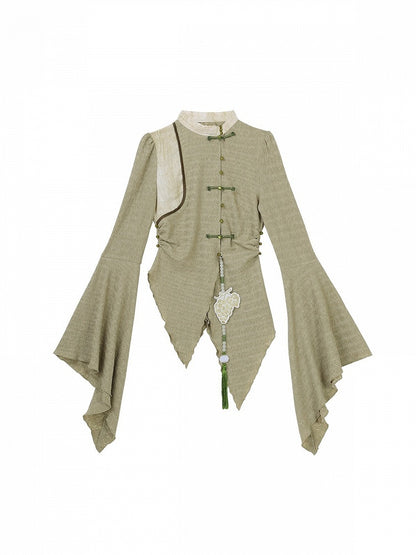 Asymmetrical Hem Green Long-Sleeved Top in Modern Chinese Style - Han Ru Chu Hanfu &amp; Han-Element Studi
