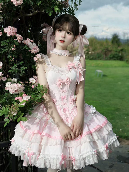 Kleid Lolita Akzente Ketten Perlen Rosa Taille Blume und Korsett Schleife Qi