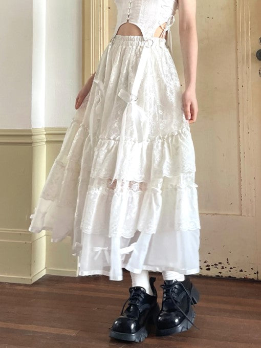 Skirt with Angel White Maxi Tiered Lace Embroidery and Bow Accents