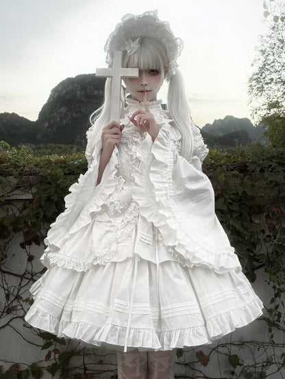 White Short Bowknots Ruffled with Dress Lolita Gothic Heart-shaped Decoration Version JSK and
