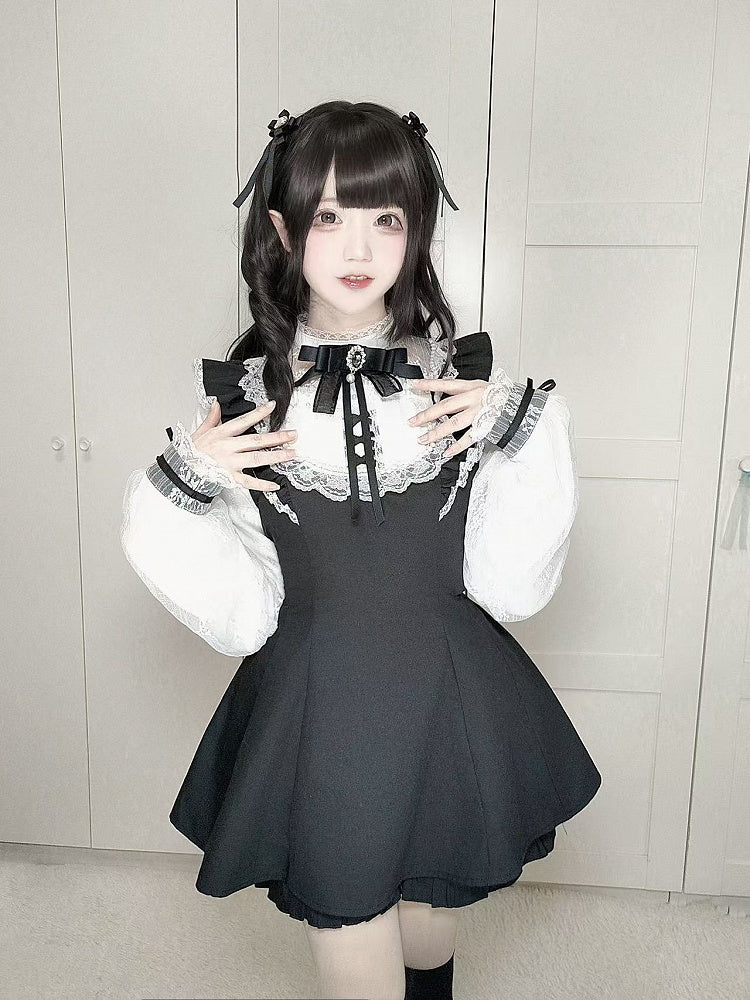 Plaid White/Gray Black Shorts Sleeves Set: with Long Illusion Neckline Top in Jirai Kei