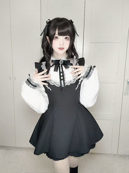 Plaid White/Gray Black Shorts Sleeves Set: with Long Illusion Neckline Top in Jirai Kei