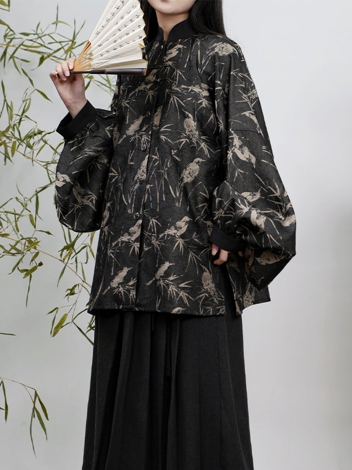 Black Banded Unisex Collar Han-inspired Blouse -