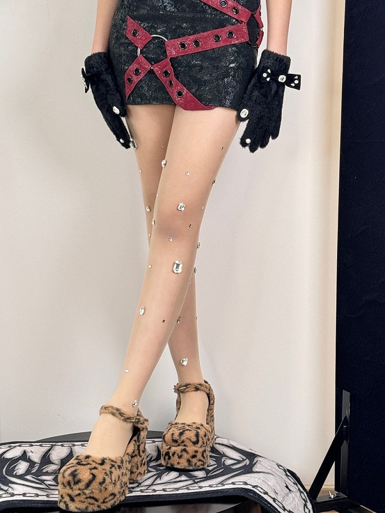 Nude/Weiße Y2K Strumpfhose mit Strassverzierung