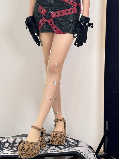 Nude/Weiße Y2K Strumpfhose mit Strassverzierung