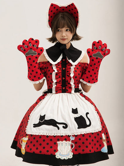 Polka Dot Red & Black Lolita Gown with Apron and Cat Motif - Rock Candy Box