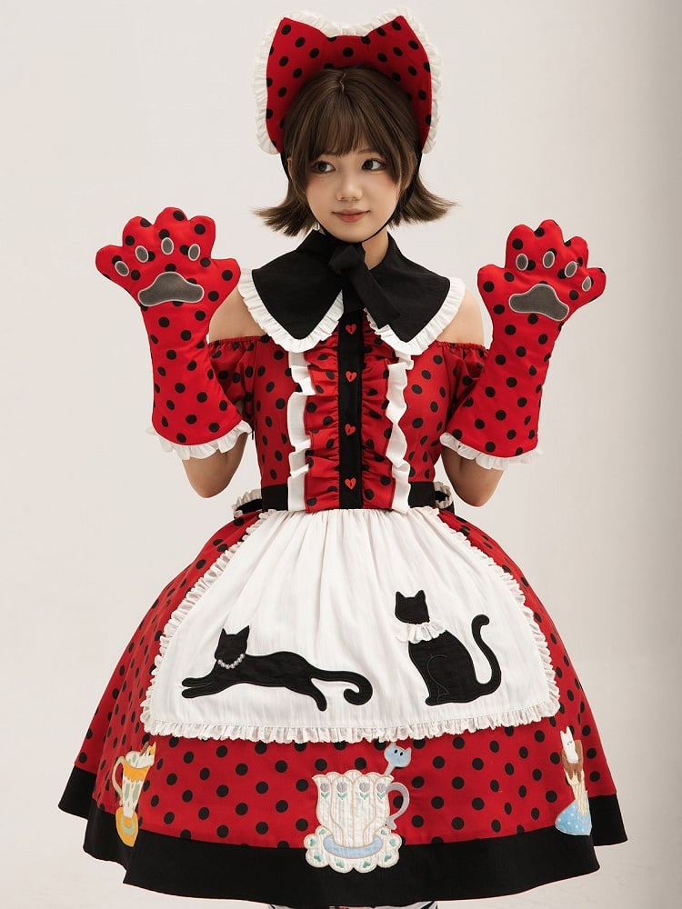 Black & Red Polka Dot Cat Paw Handwear - Rock Candy Box