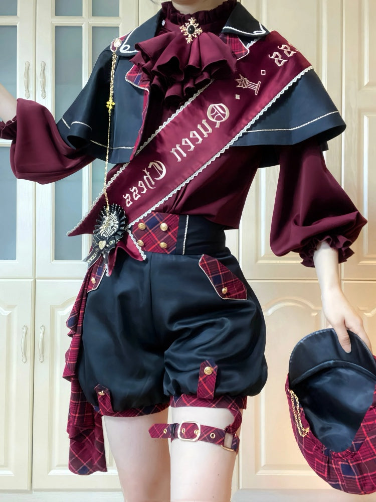 Black and Red Gryffindor Plaid Pattern Ouji Lolita Set Cape + Shorts