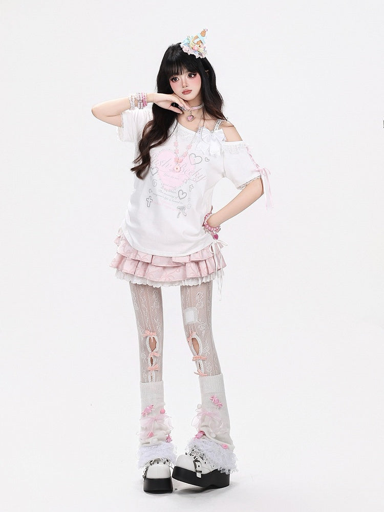 White Sweet Edgy Heart Print Asymmetrical Shoulder Short Sleeve T-Shirt with Lace & Drawstring + Bow Clip Set - CRAZY GIRL