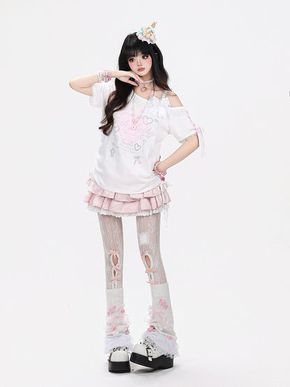 White Sweet Edgy Heart Print Asymmetrical Shoulder Short Sleeve T-Shirt with Lace & Drawstring + Bow Clip Set - CRAZY GIRL
