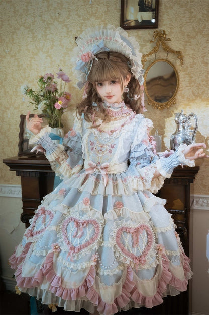 Wunderschönes Hanayome Lolita-Kleid mit Rosettenstickerei und Perlenkettendetails, Hellgrau