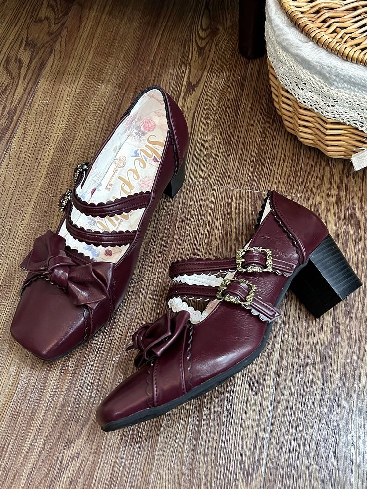 Red Wine Sweet Lolita Shoes at Bow Top