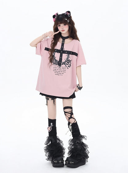 Black/Pink Glamorous Graphic T-Shirt with PU Straps Y2K Halter Neck