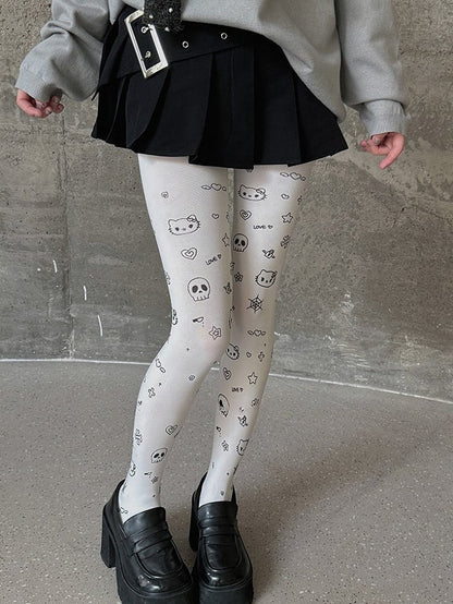 ホワイトのスイートキティハートスタープリントカートゥーンタイツ