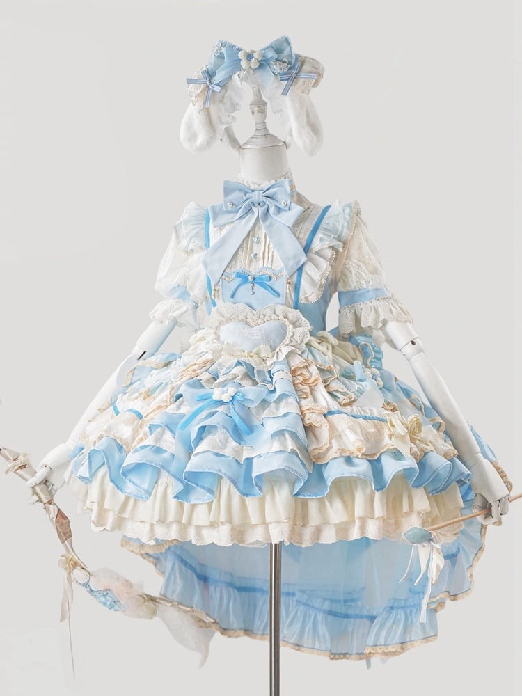 Kleid Taille Tiered Rüschen Lolita Blau Dekoration Bowknot Hohe Süße Rock