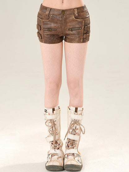 Decorated Shorts Buckles PU Brown Glamorous