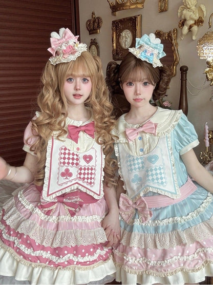 + Lace Pan Set Polka-dot Lolita JSK Dress Blue Trim Peter Kawaii Collar Bloomers